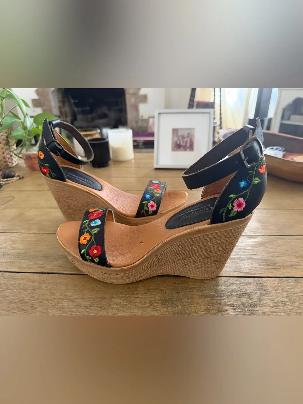 Embroidered Floral Ankle-Strap Wedges in Black